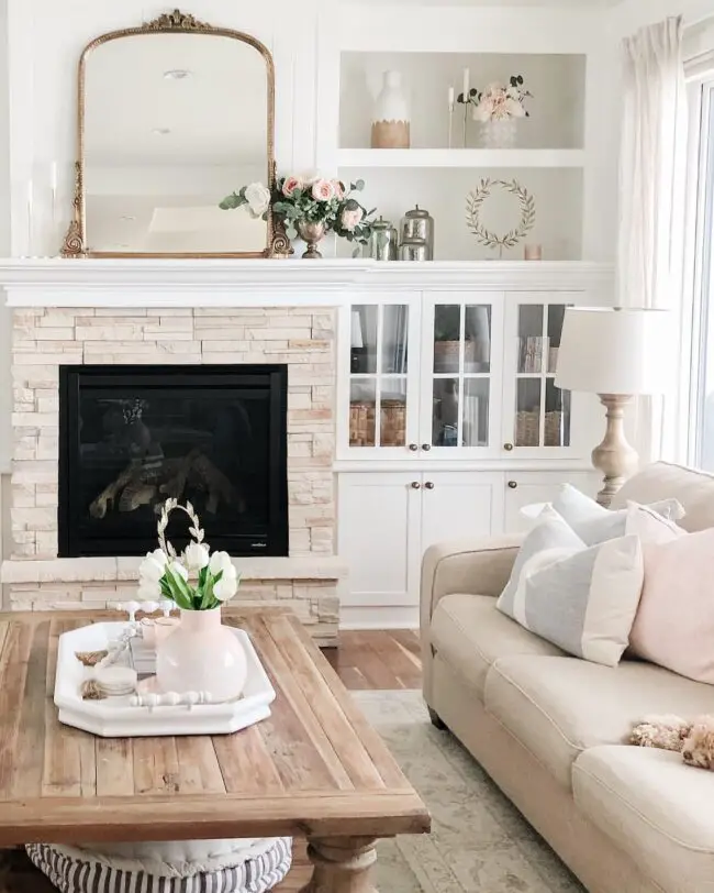 Cozy Farmhouse Mantle with Floral Touches