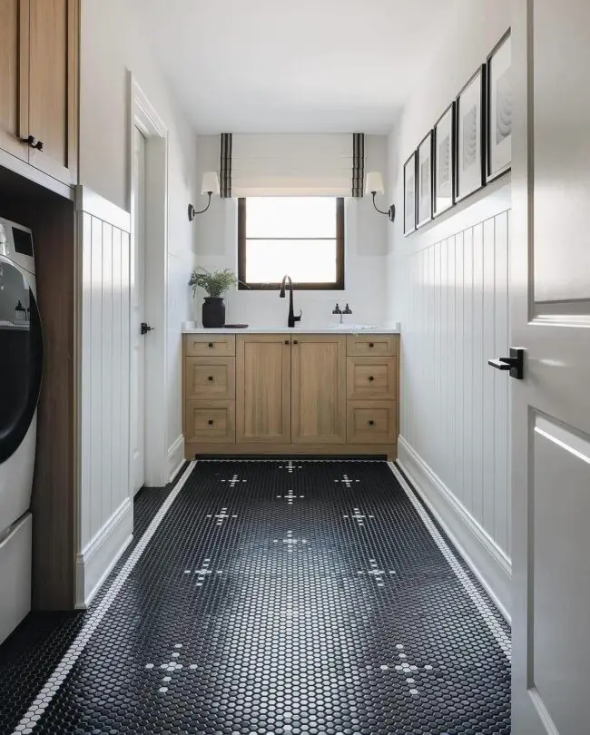 Modern Laundry with Black-and-White Tiles