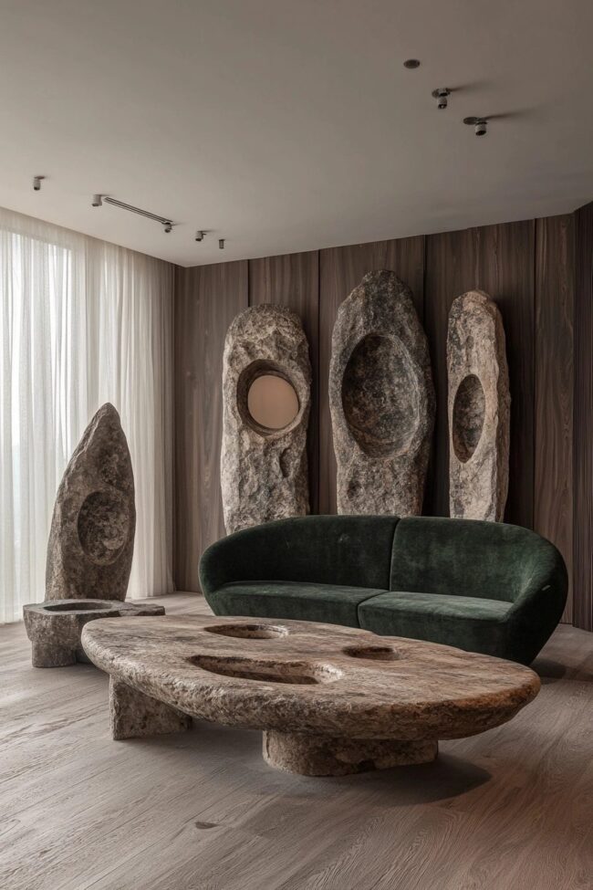 Deep Green Sofa with Stone Accents