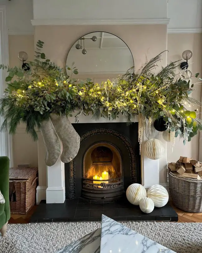 Minimalist Christmas Mantle with Eucalyptus and Lights