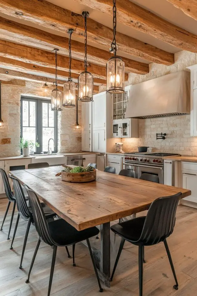 Industrial-Style Kitchen with Wood Beams