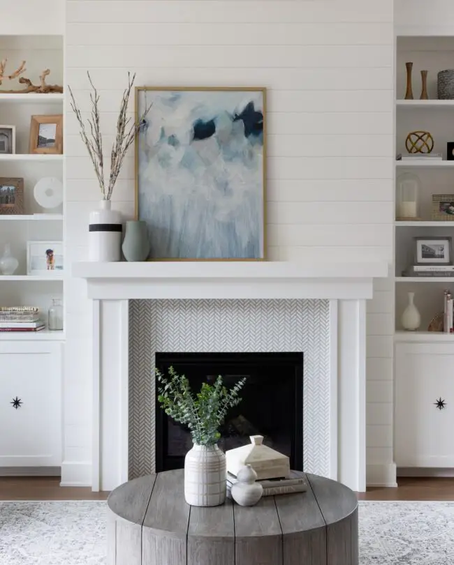 White Mantel with Herringbone Tile Detail