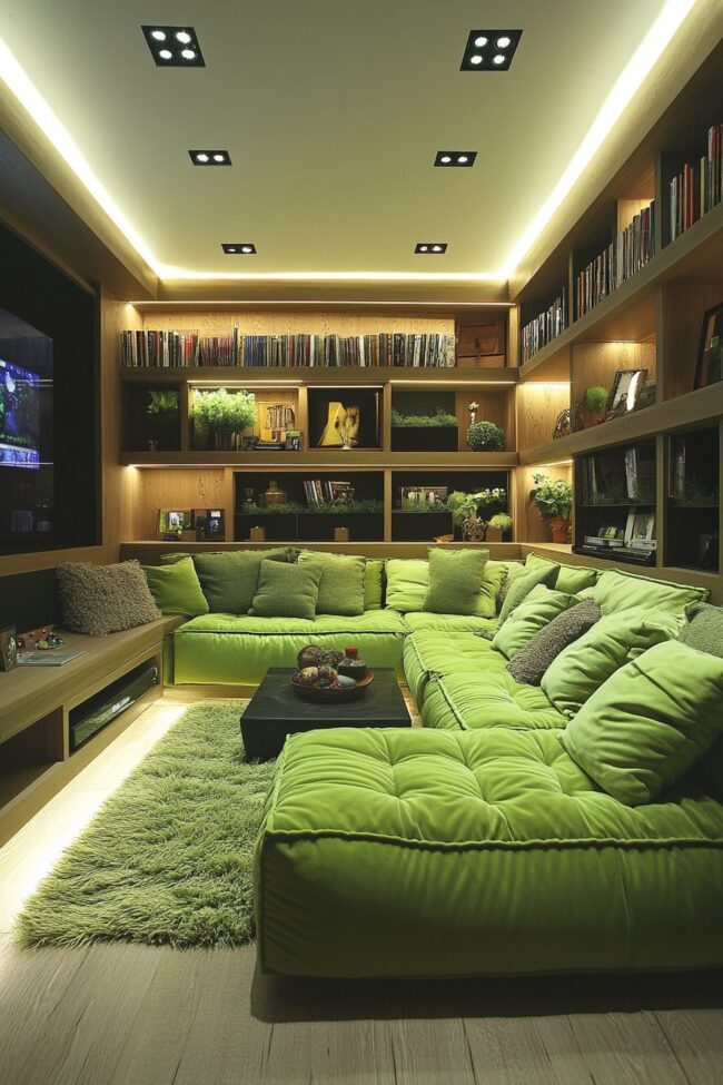 Inviting Green Sectional with Plush Pillows