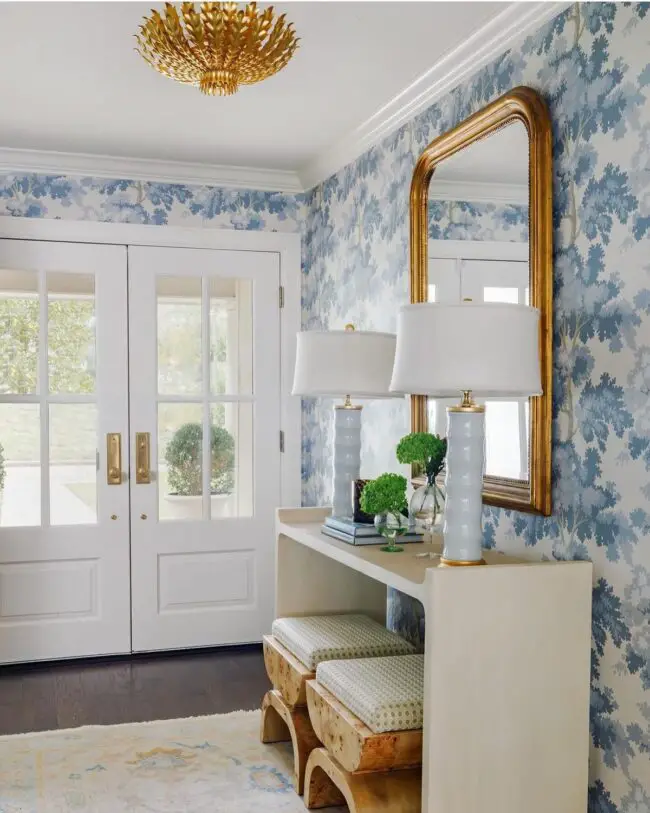 Traditional Foyer with Bold Wallpaper