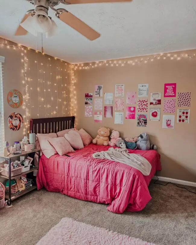 Pink-Themed Cozy Room with Collage Wall