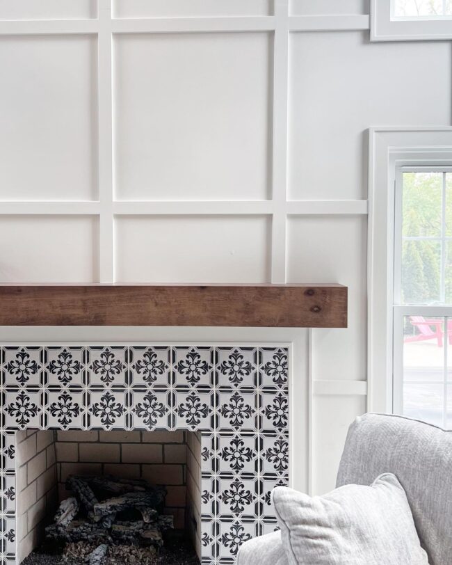 Black and White Vintage Tiles with Wooden Mantel