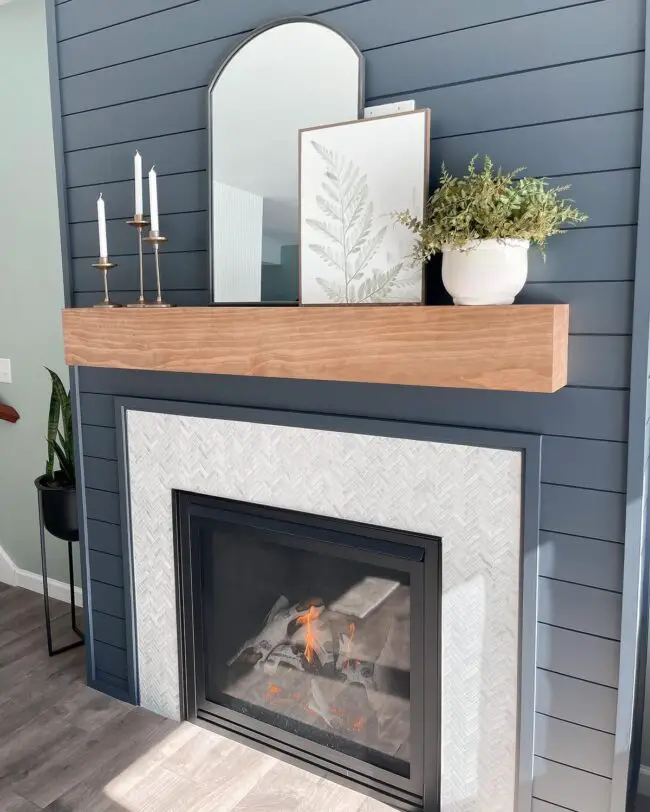 Blue Shiplap Fireplace with Wooden Mantel