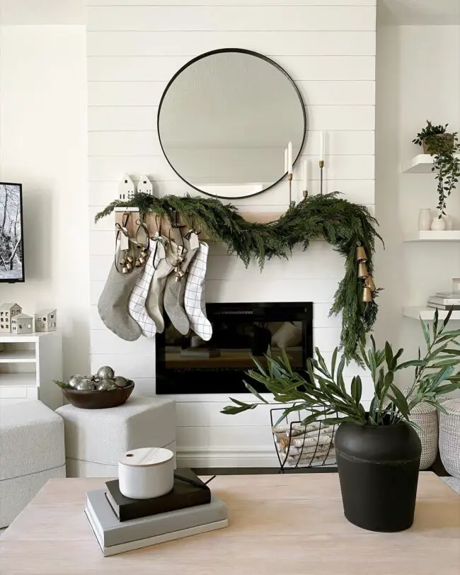 Cozy Farmhouse Mantle with Stockings and Garland