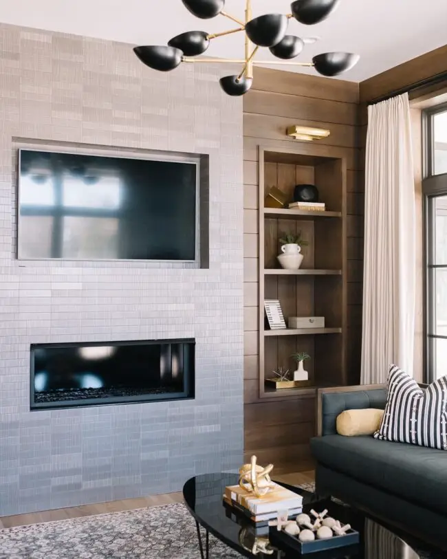 Sleek Gray Tiles and Built-In TV