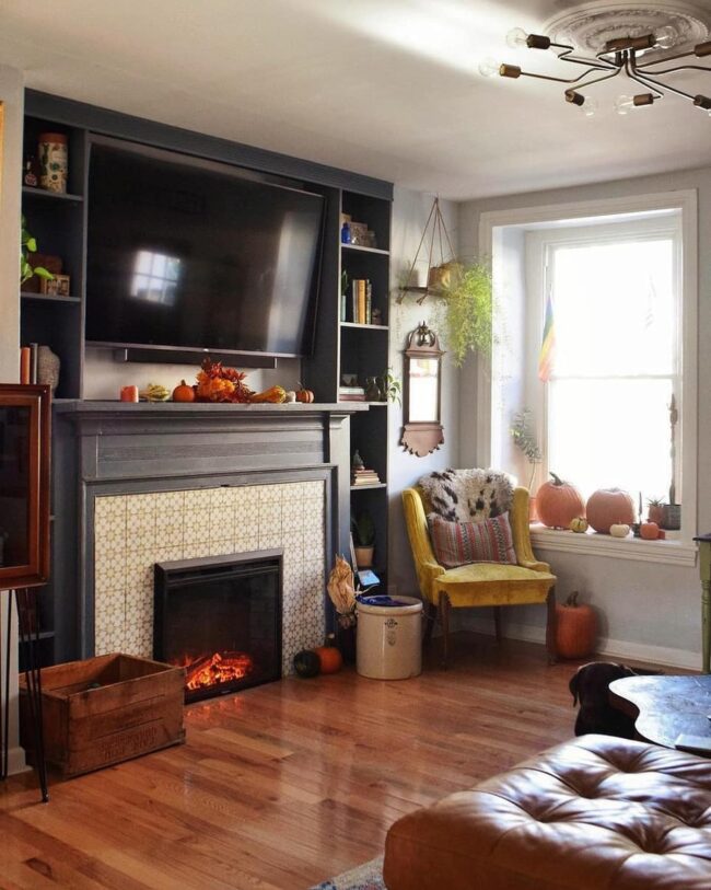 Warm Gray Tile Fireplace with Classic Mantel