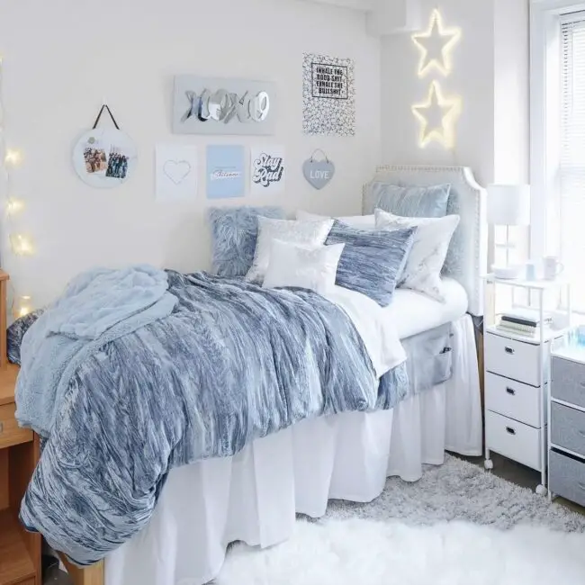 Cool Blue Dorm Room with Cozy Textures