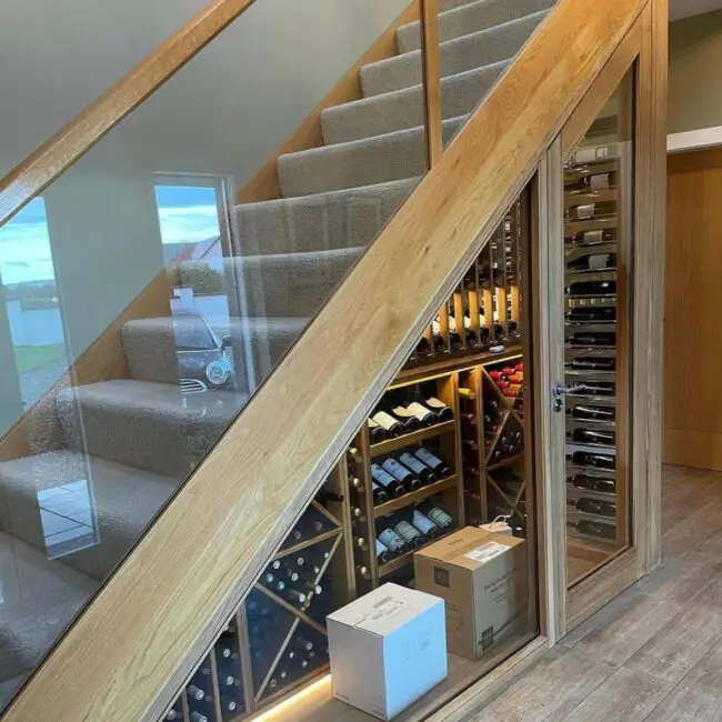 Under-Stairs Wine Storage with Wood Accents