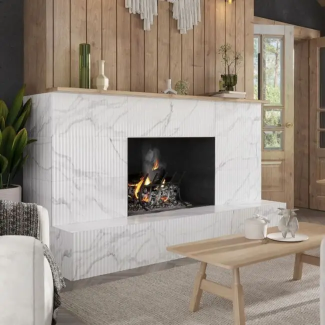 Marble-Inspired Fireplace with Wood Panels