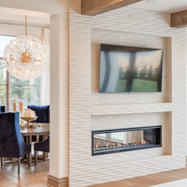 3D Textured White Tiles and Linear Gas Fireplace