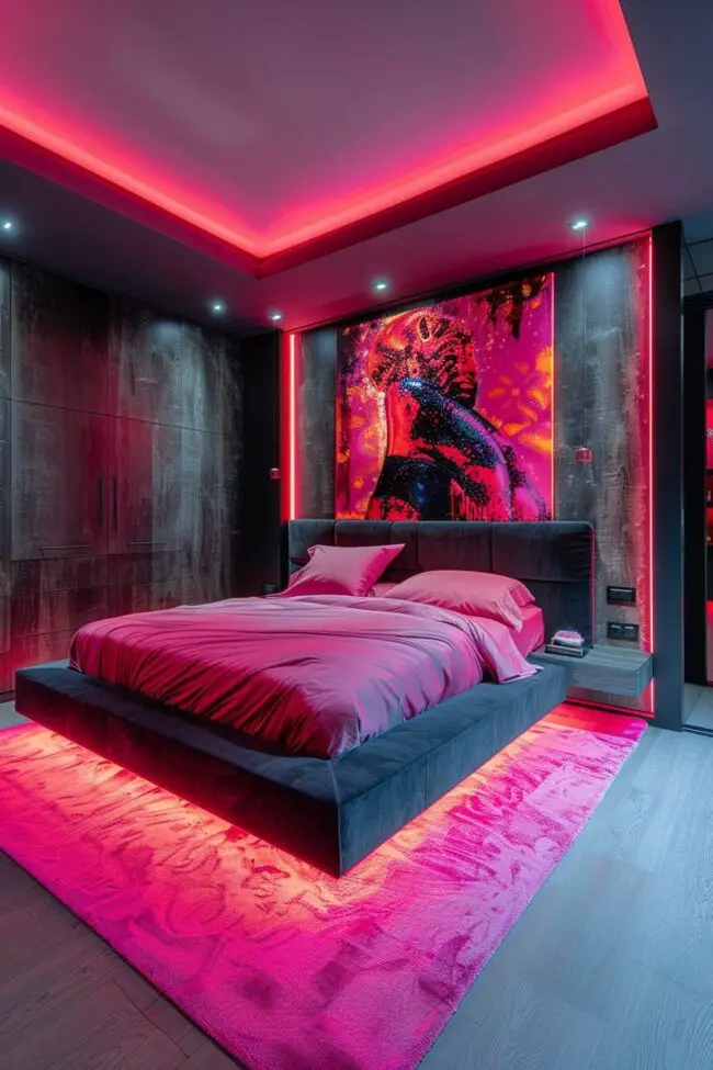 Striking Neon Pink Accents in Dark Rooms