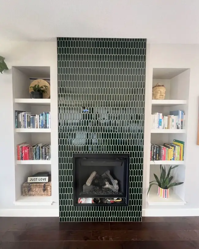 Dark Green Tiles and Built-In Shelving