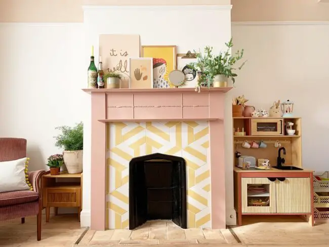 Pink Mantel with Yellow Geometric Tile