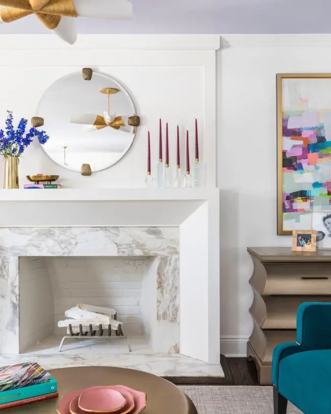 Bold Modern Mantle with Color and Statement Mirror