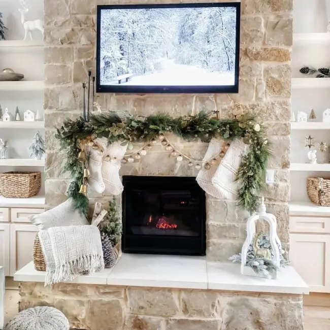 Stone Hearth with a Holiday Garland