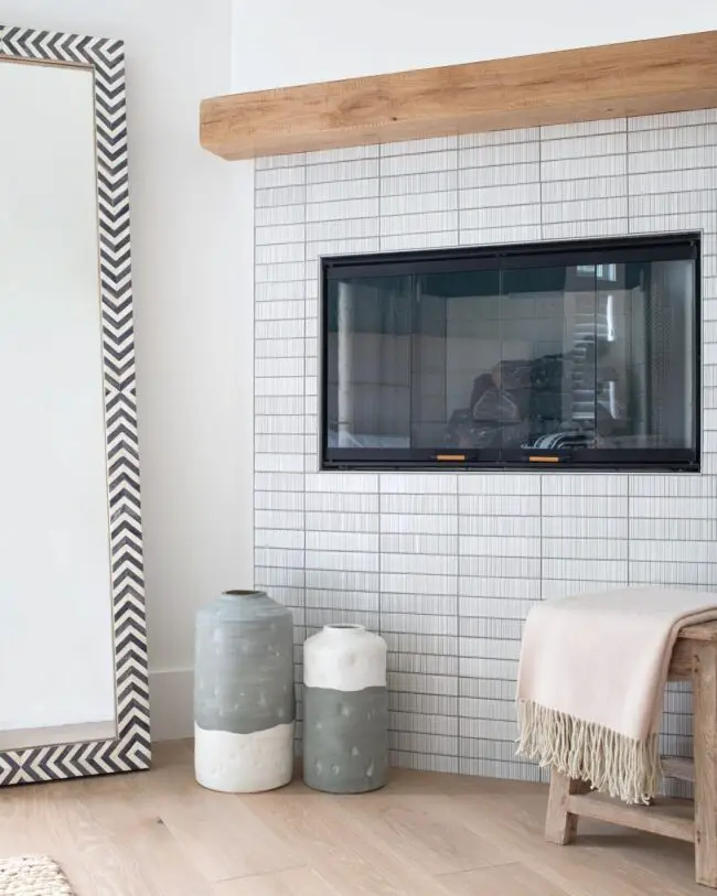 Natural Wood Beam with White Linear Tiles