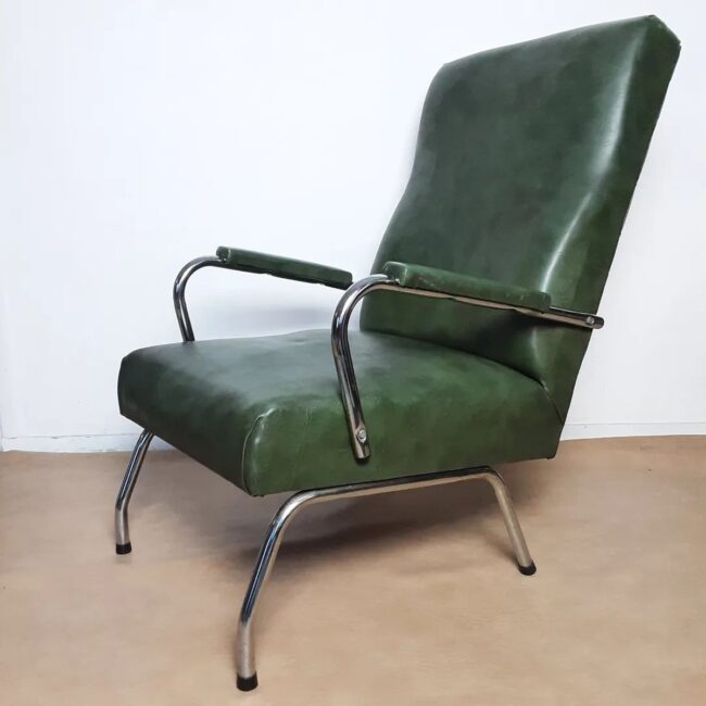 Olive Leather and Metal Chair