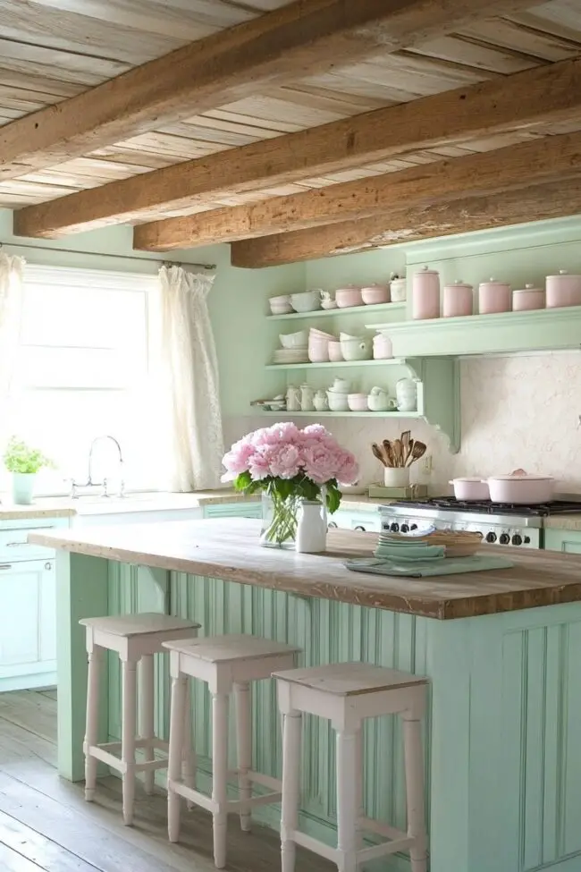 Charming Pastel Kitchen with Rustic Flair