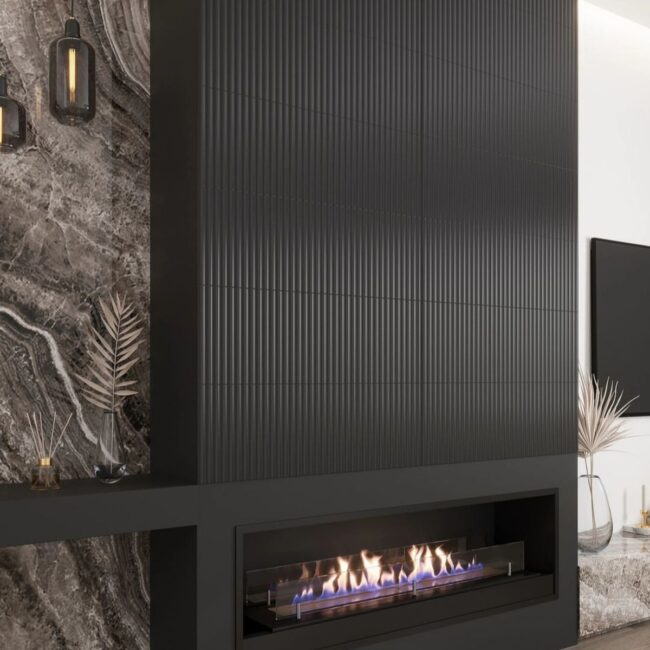 Black Modern Fireplace with Vertical Stripes