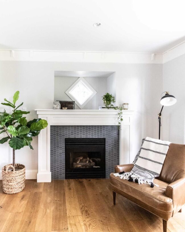 Modern White Mantel with Gray Tiles