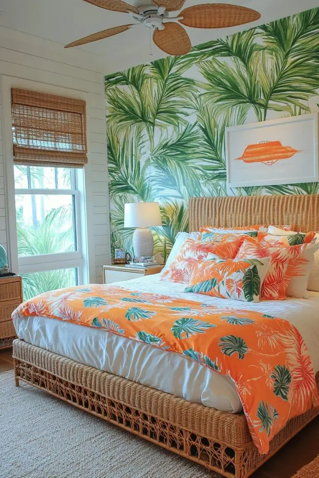 Tropical Oasis with Palm Wallpaper and Rattan