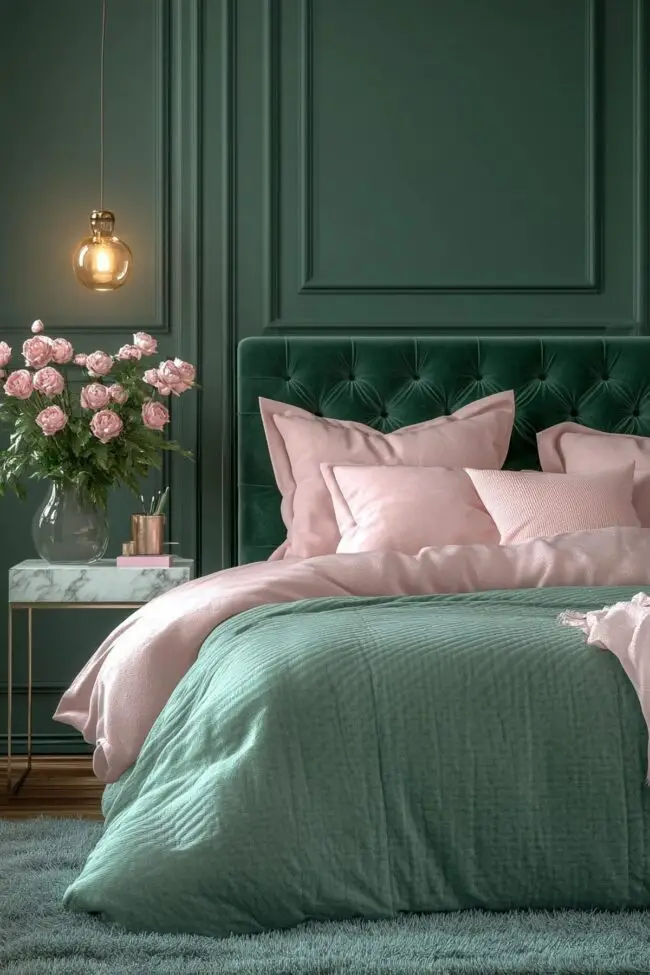 Lustrous Green and Pink Bedroom Design