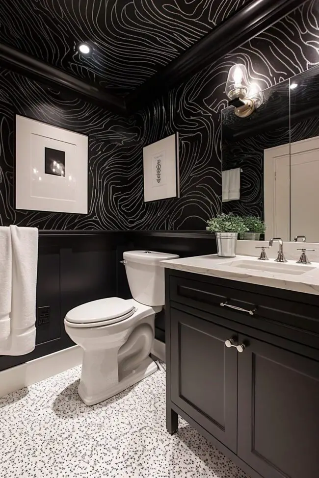 Small Bathroom Featuring Striking Wallpaper