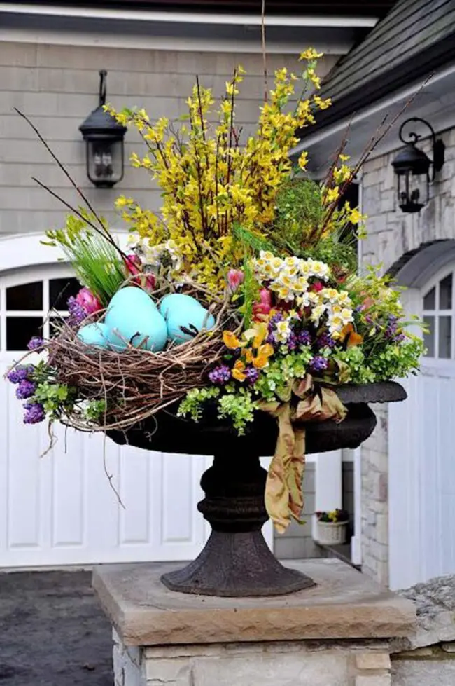 Pastel Easter Eggs in Blooming Urn