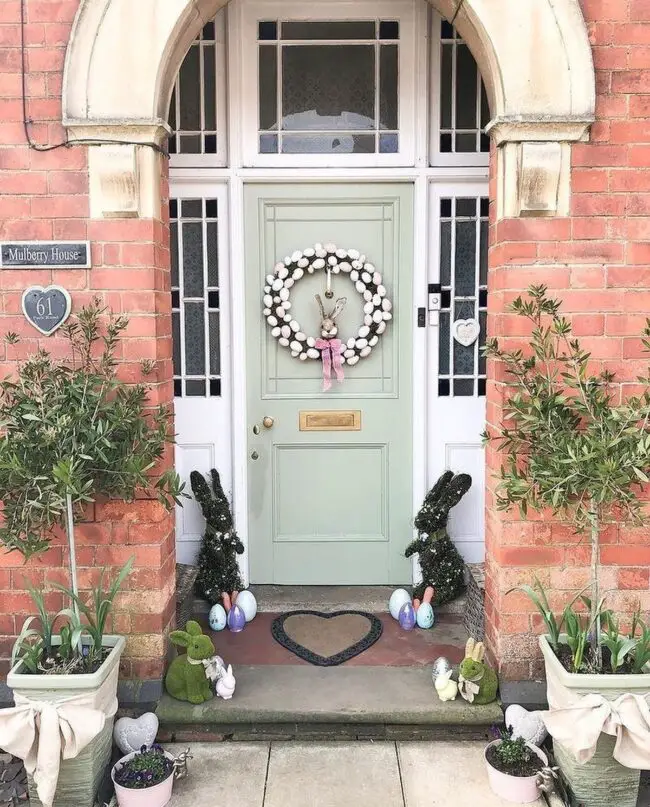 Sage Door Adorned with Bunny Wreath