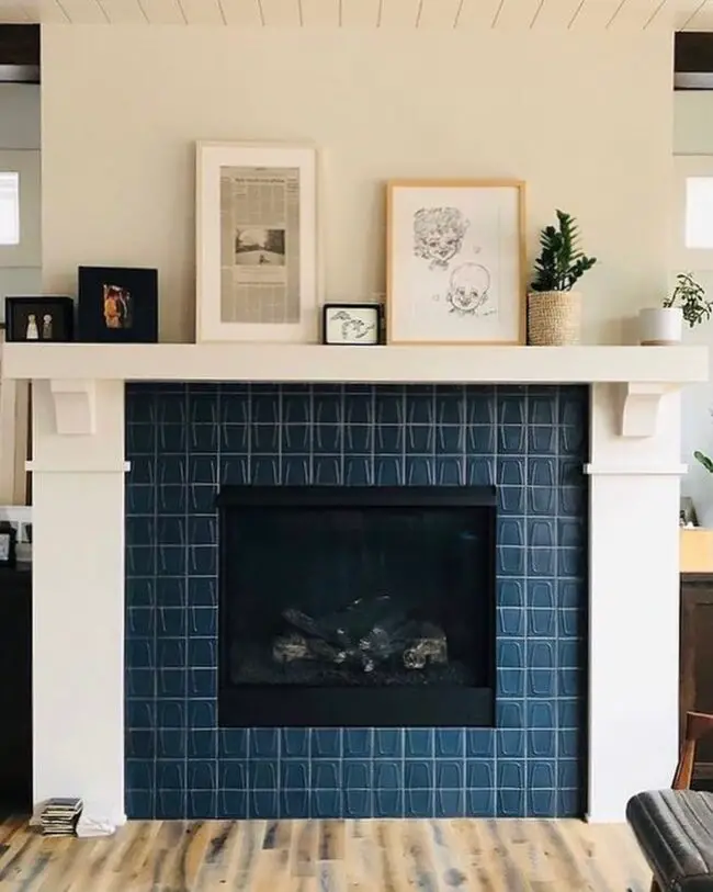 Navy Blue Tiles with White Mantel