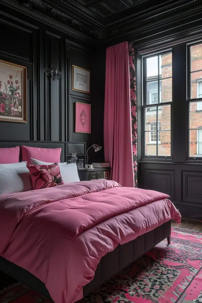 Pink Accents in a Dark Bedroom