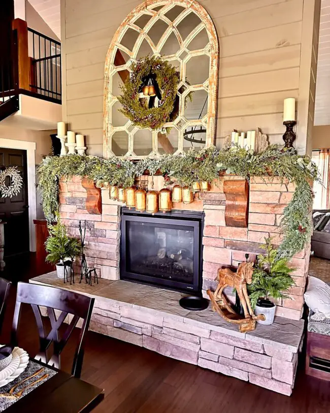 Traditional Mantle with Arched Mirror and Garland