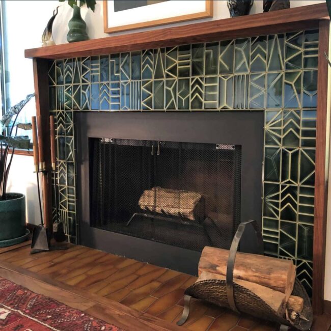 Geometric Green Tiles Framed in Wood