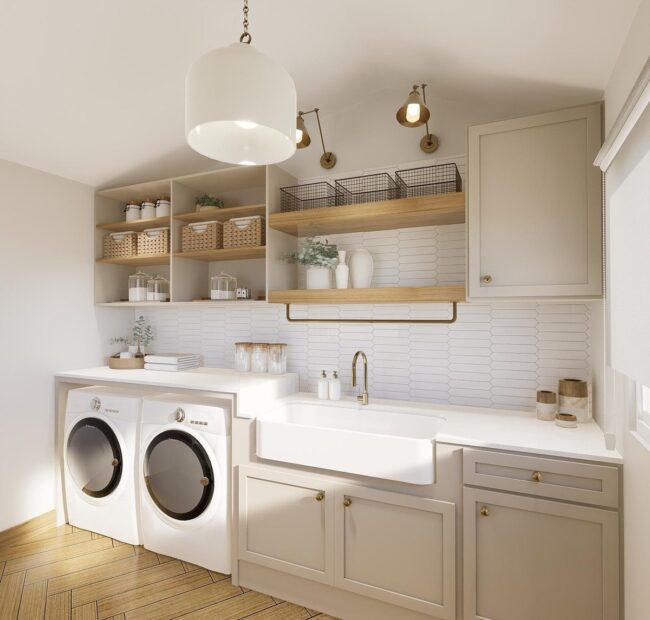 Open Shelving and Warm Tones Laundry