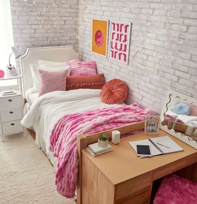 Cozy Pink Dorm Room with Faux Brick Wall