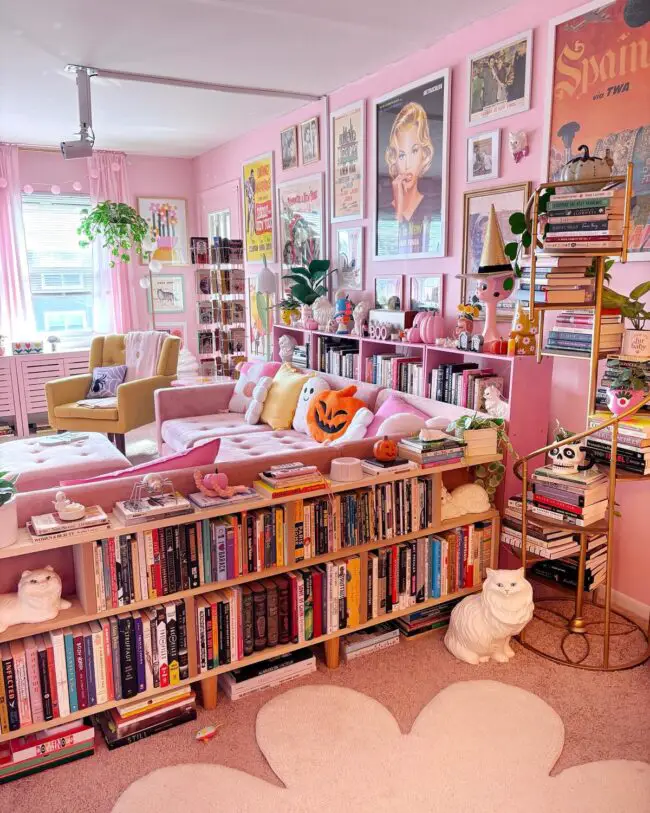 Book-Filled Living Room with Boho Charm